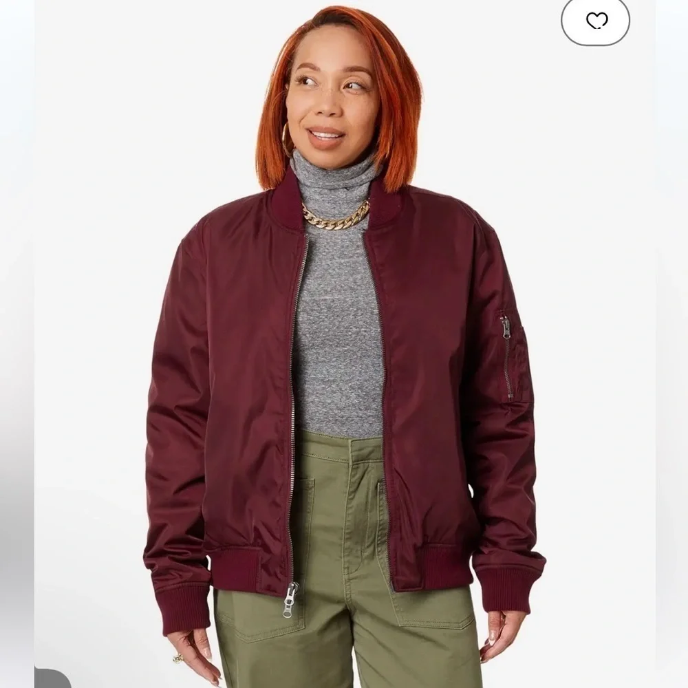 LABEL Unisex Go To Burgundy Bomber Jacket Double Zipper Lots of Pockets